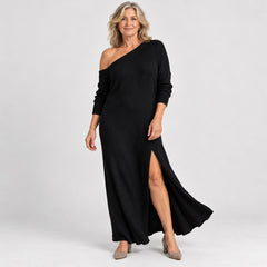 The Marilyn One-Shoulder Knit Maxi Dress with Side Split in Black