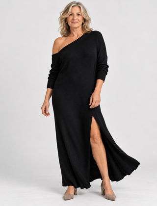 The Marilyn One-Shoulder Knit Maxi Dress with Side Split in Black