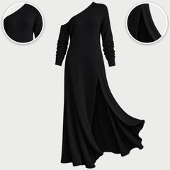 The Marilyn One-Shoulder Knit Maxi Dress with Side Split in Black, with close-ups of the details