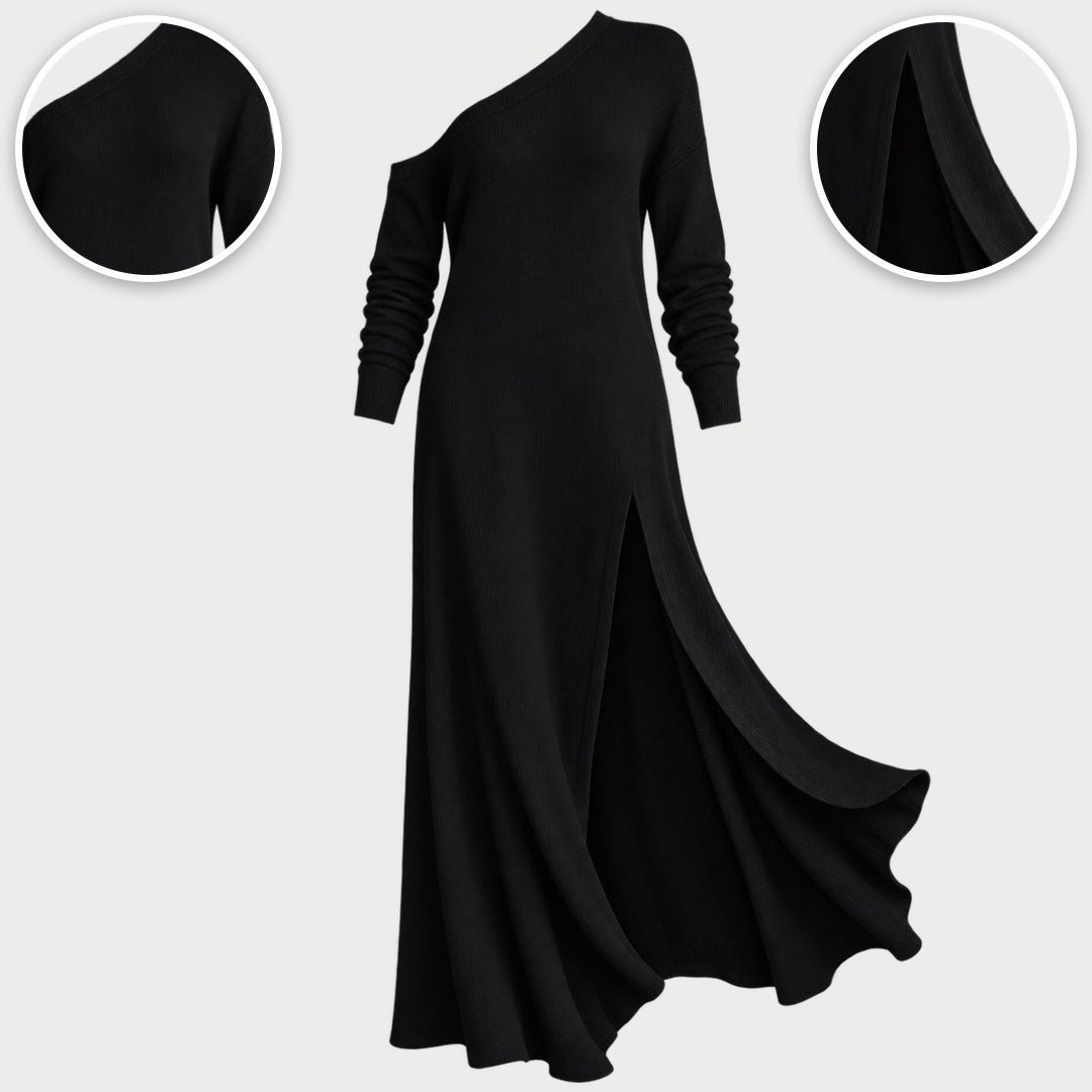The Marilyn One-Shoulder Knit Maxi Dress with Side Split in Black, with close-ups of the details
