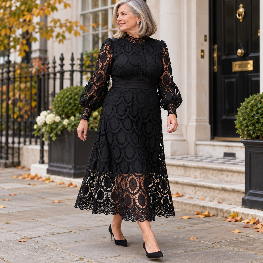Marlene High Neck Lace Dress with Balloon Sleeves in Black, worn out and about