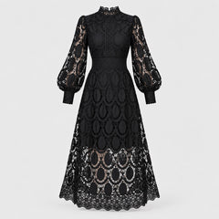 Marlene High Neck Lace Dress with Balloon Sleeves in Black, the whole piece laid flat