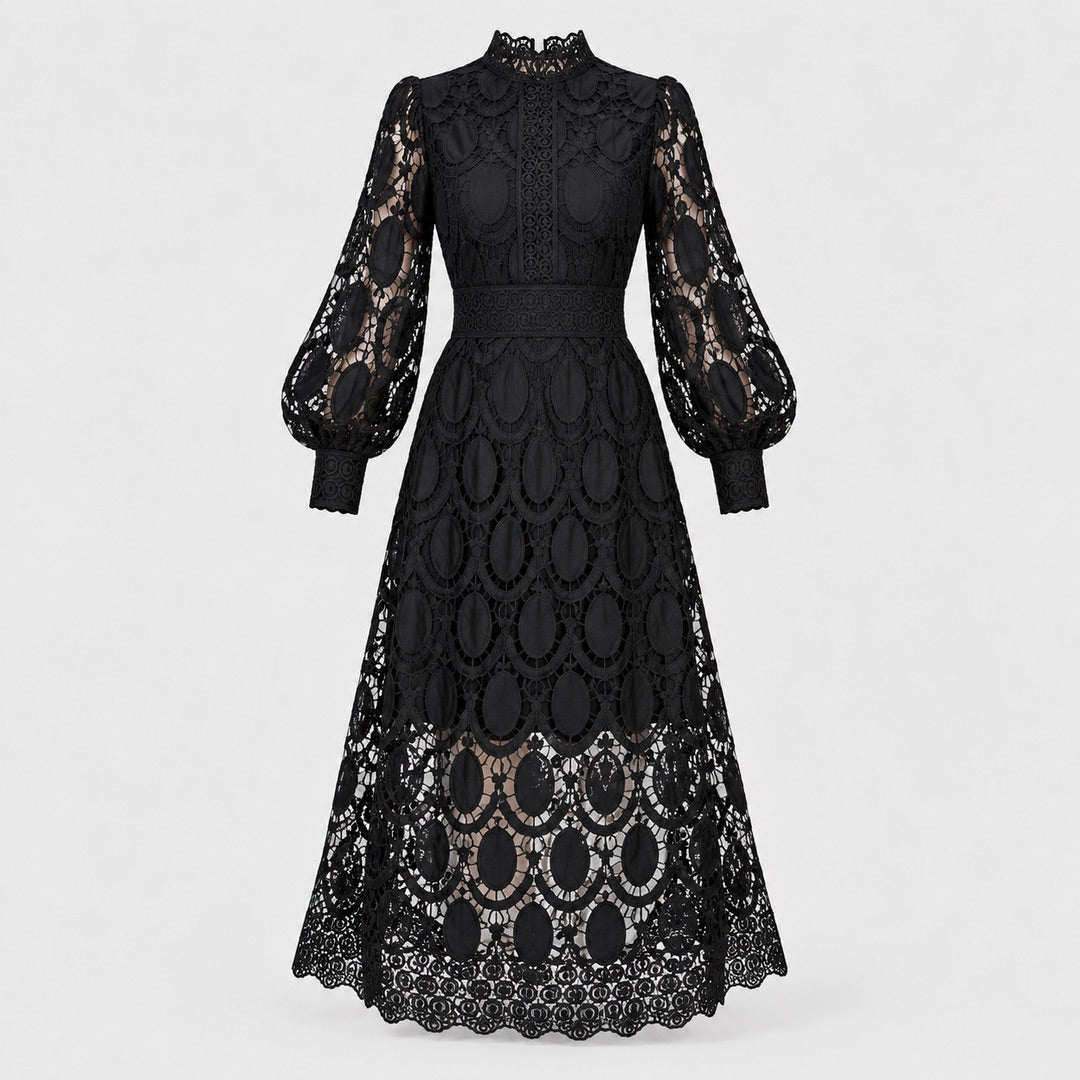 Marlene High Neck Lace Dress with Balloon Sleeves in Black, the whole piece laid flat