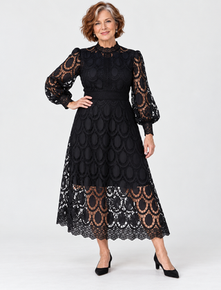 Marlene High Neck Lace Dress with Balloon Sleeves in Black