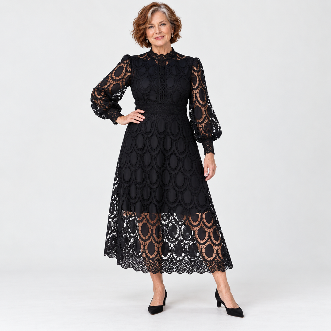 Marlene High Neck Lace Dress with Balloon Sleeves in Black