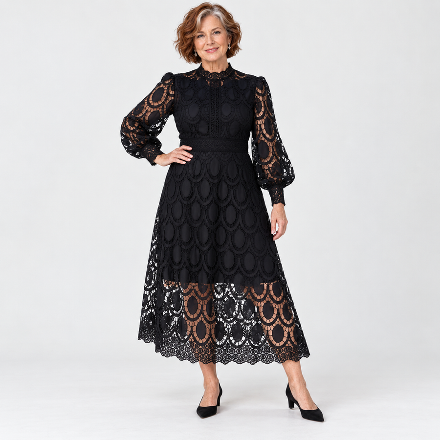 Marlene High Neck Lace Dress with Balloon Sleeves in Black