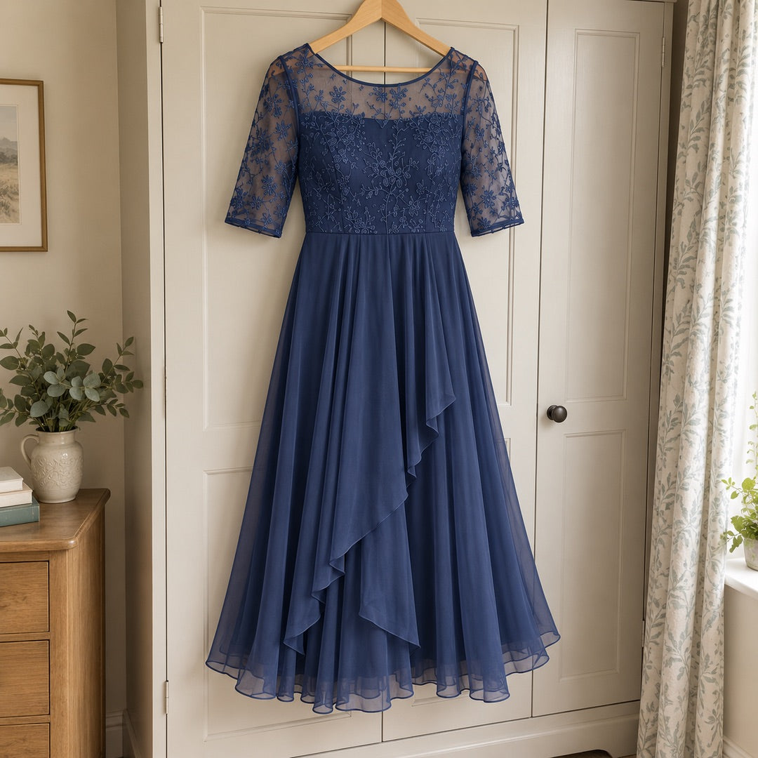 Mary Lace Bodice Chiffon Midi Dress in Navy on a hanger