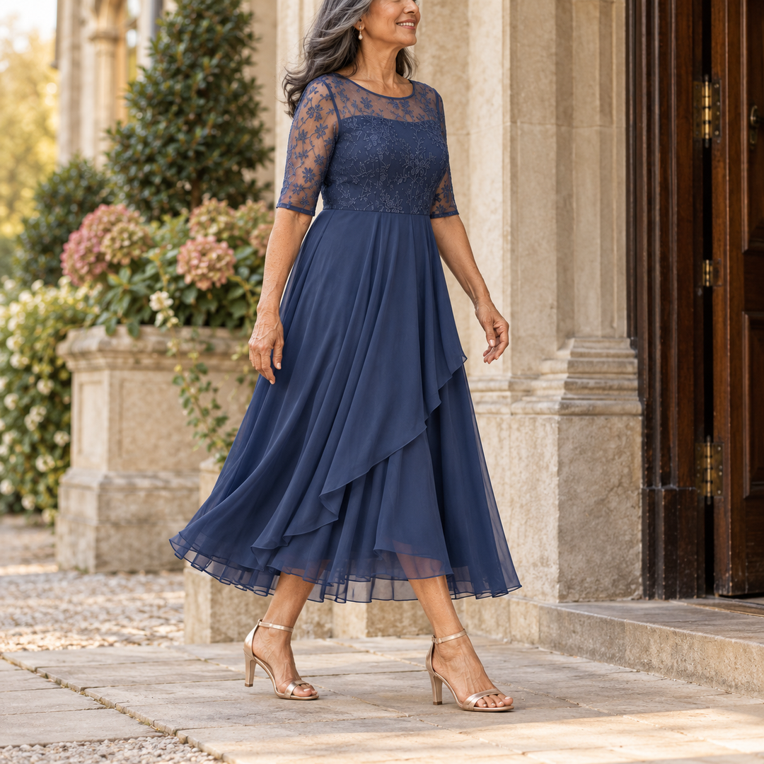 Mary Lace Bodice Chiffon Midi Dress in Navy, worn out and about