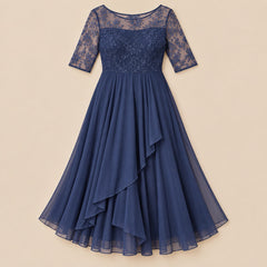 Mary Lace Bodice Chiffon Midi Dress in Navy, the whole piece laid flat