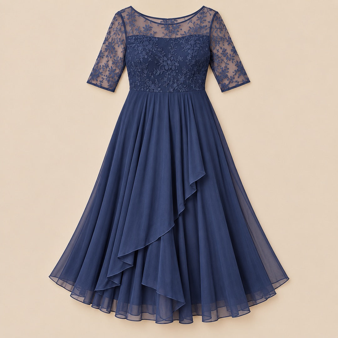 Mary Lace Bodice Chiffon Midi Dress in Navy, the whole piece laid flat