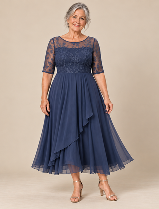Mary Lace Bodice Chiffon Midi Dress in Navy