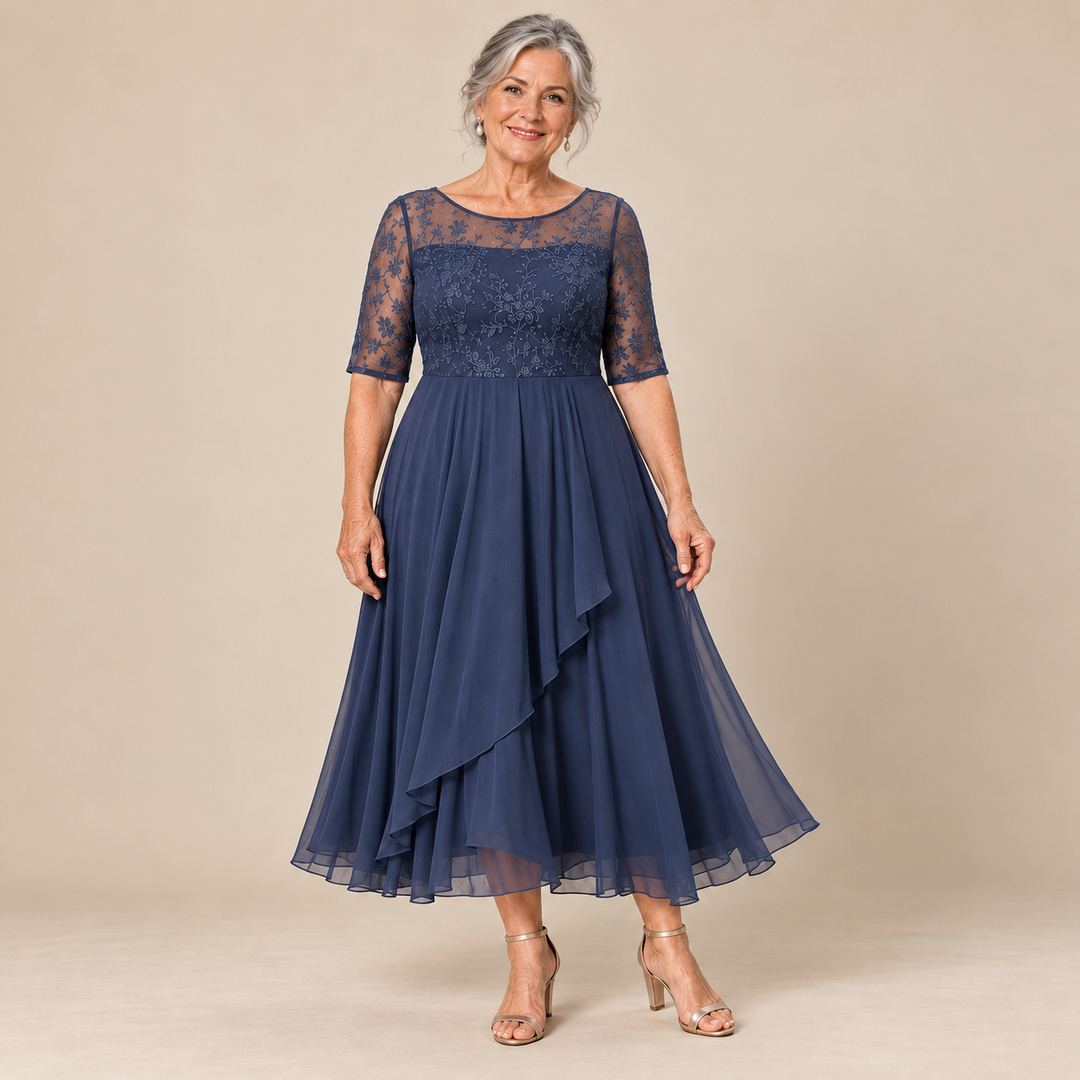 Mary Lace Bodice Chiffon Midi Dress in Navy