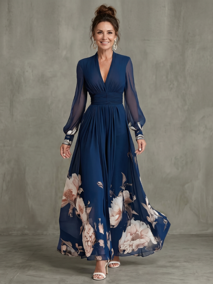 Michelle Floral Hem Sheer Sleeve Maxi Dress
