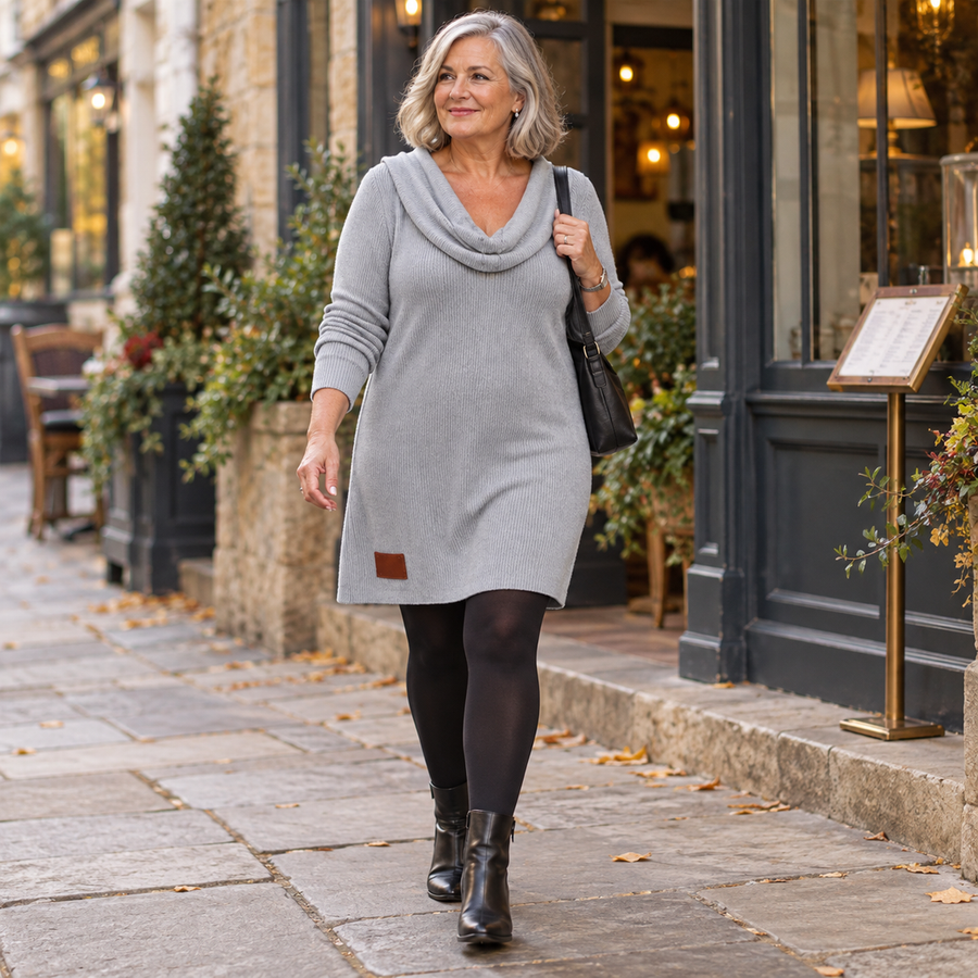 Maxine Cowl Neck Ribbed Knit Dress in Grey - worn in town