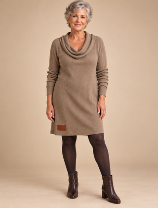 Maxine Cowl Neck Ribbed Knit Dress in Khaki - studio