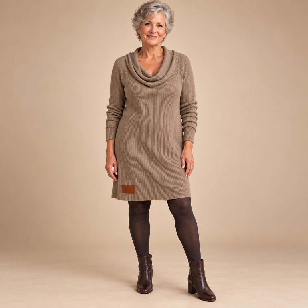 Maxine Cowl Neck Ribbed Knit Dress in Khaki - studio