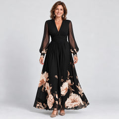 The Michelle Floral Hem Sheer Sleeve Maxi Dress in Black