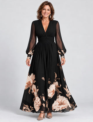 The Michelle Floral Hem Sheer Sleeve Maxi Dress in Black