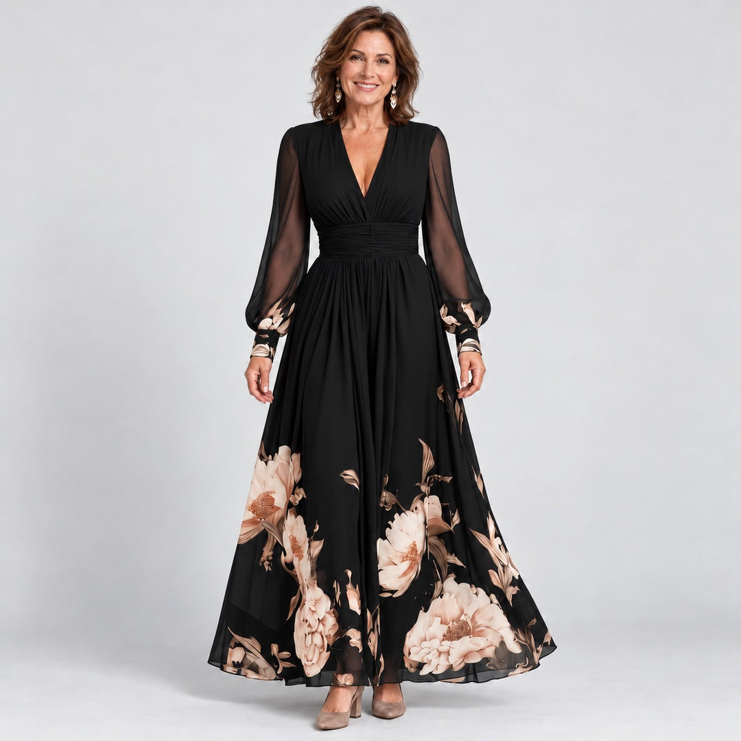 The Michelle Floral Hem Sheer Sleeve Maxi Dress in Black