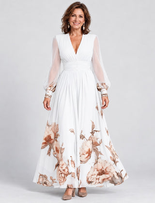 The Michelle Floral Hem Sheer Sleeve Maxi Dress in White