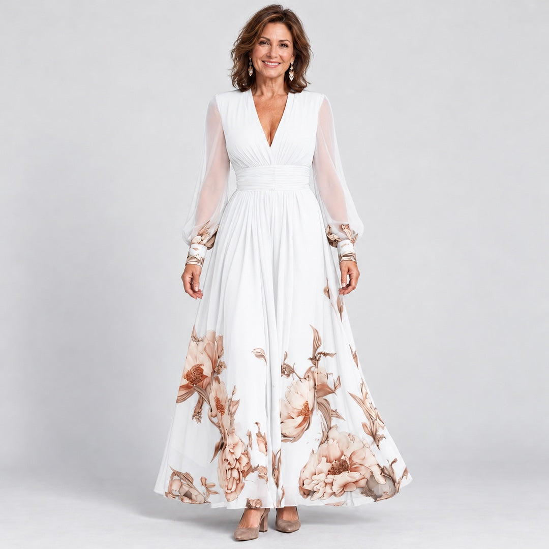 The Michelle Floral Hem Sheer Sleeve Maxi Dress in White