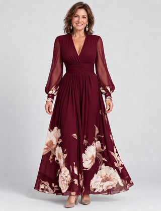 The Michelle Floral Hem Sheer Sleeve Maxi Dress in Wine