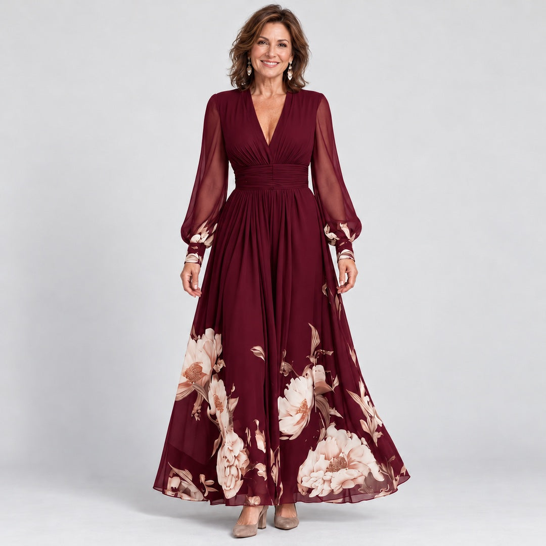 The Michelle Floral Hem Sheer Sleeve Maxi Dress in Wine