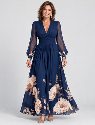The Michelle Floral Hem Sheer Sleeve Maxi Dress in Navy