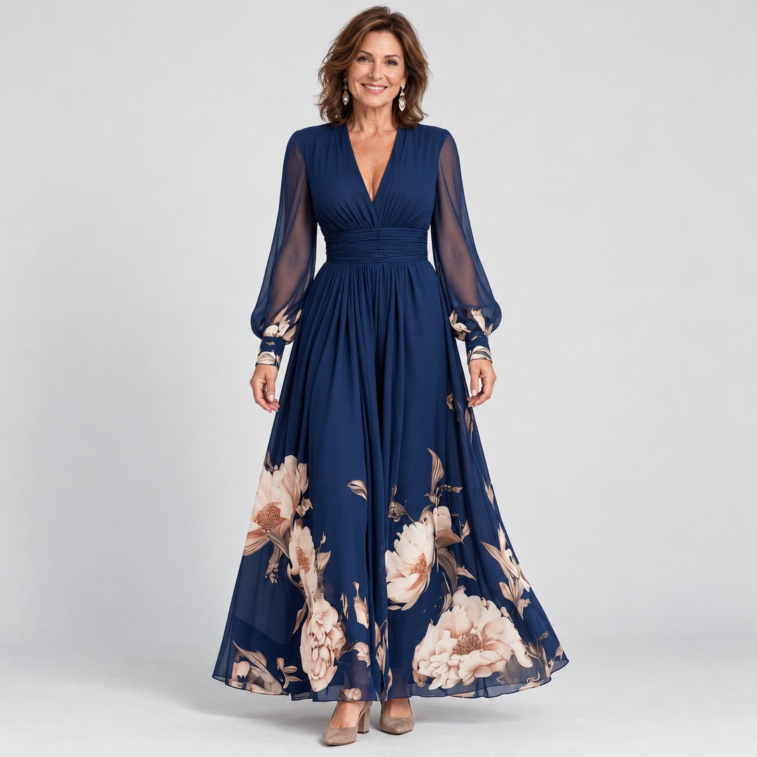 The Michelle Floral Hem Sheer Sleeve Maxi Dress in Navy