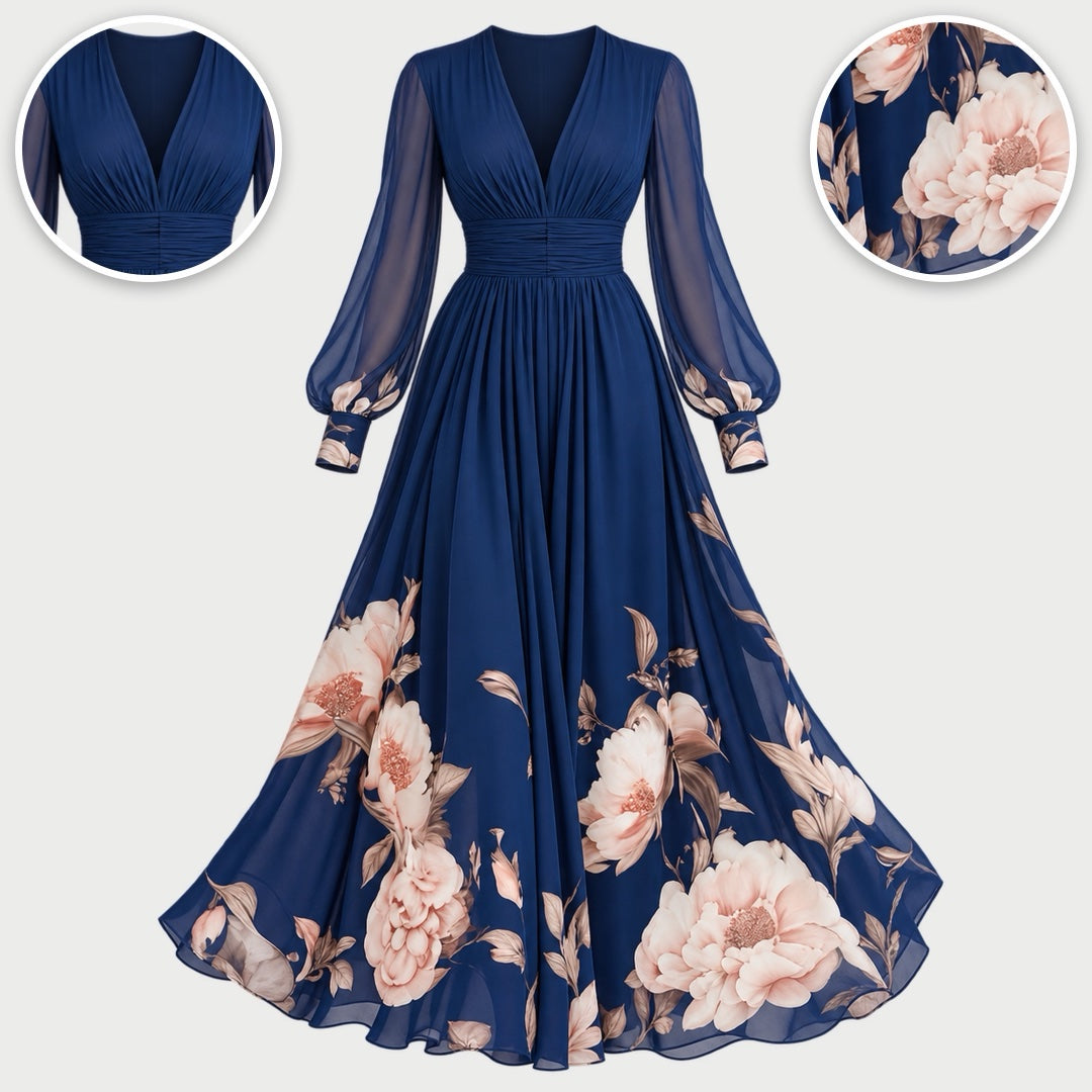 The Michelle Floral Hem Sheer Sleeve Maxi Dress in Navy, with close-ups of the details