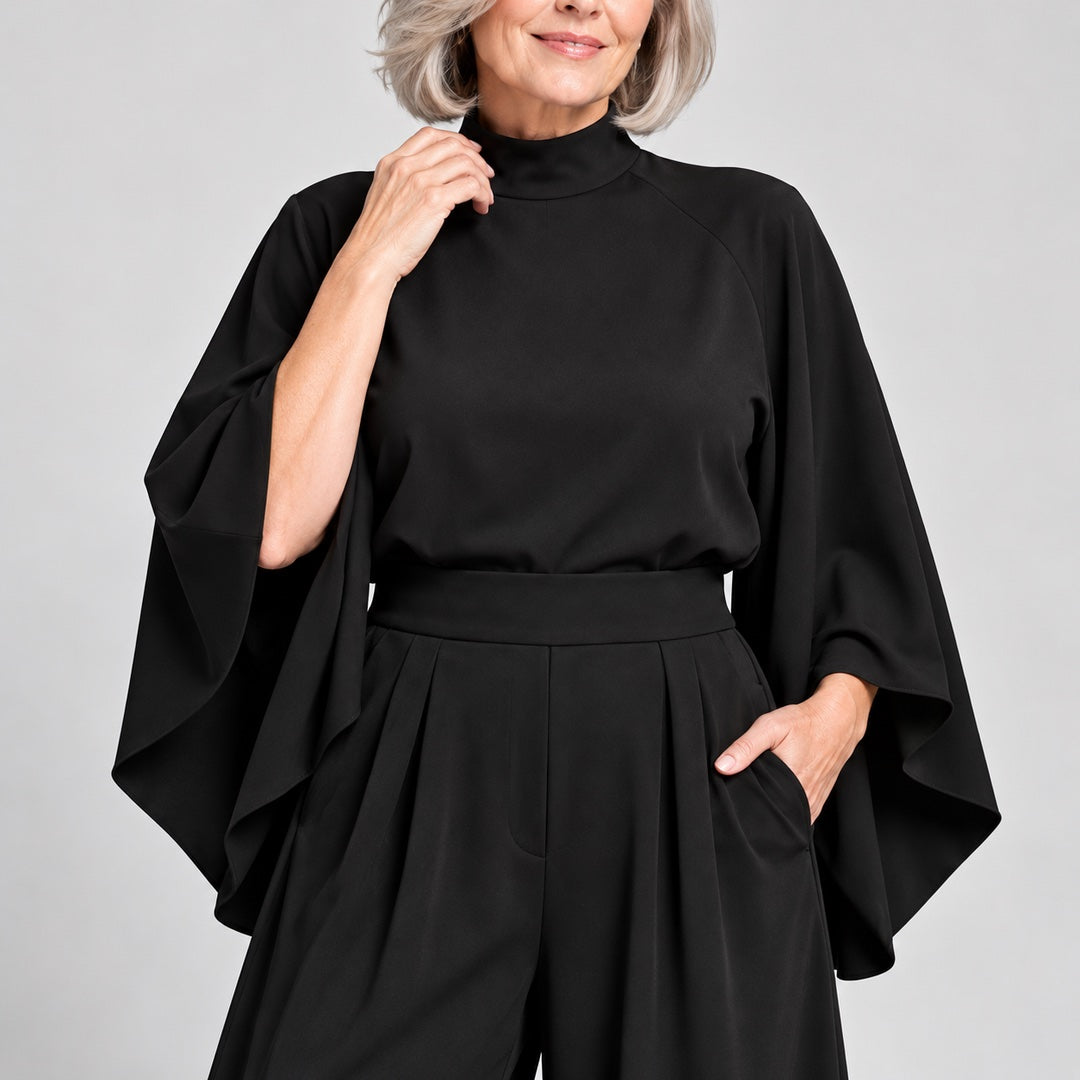 Miriam High Neck Cape Sleeve Wide-Leg Set in Black, a closer look at the fit
