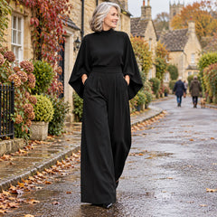 Miriam High Neck Cape Sleeve Wide-Leg Set in Black, worn out and about