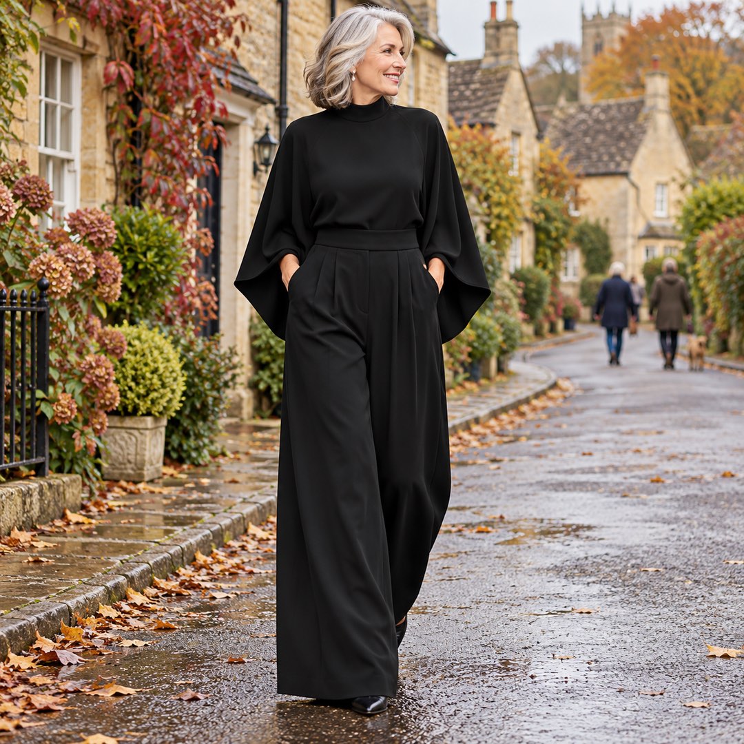 Miriam High Neck Cape Sleeve Wide-Leg Set in Black, worn out and about