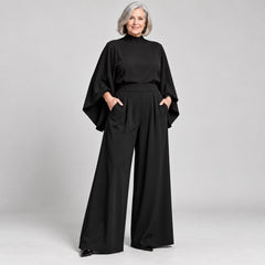 Miriam High Neck Cape Sleeve Wide-Leg Set in Black
