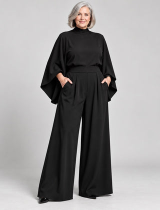 Miriam High Neck Cape Sleeve Wide-Leg Set in Black