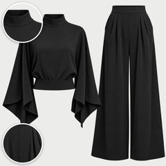 Miriam High Neck Cape Sleeve Wide-Leg Set in Black, with close-ups of the details
