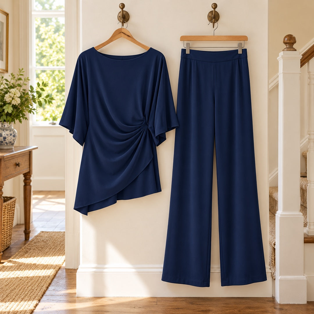 Moira Draped Waist Top and Wide-Leg Trouser Set on hangers