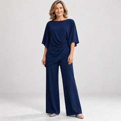 Moira Draped Waist Top and Wide-Leg Trouser Set in Navy