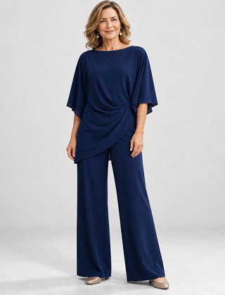 Moira Draped Waist Top and Wide-Leg Trouser Set in Navy
