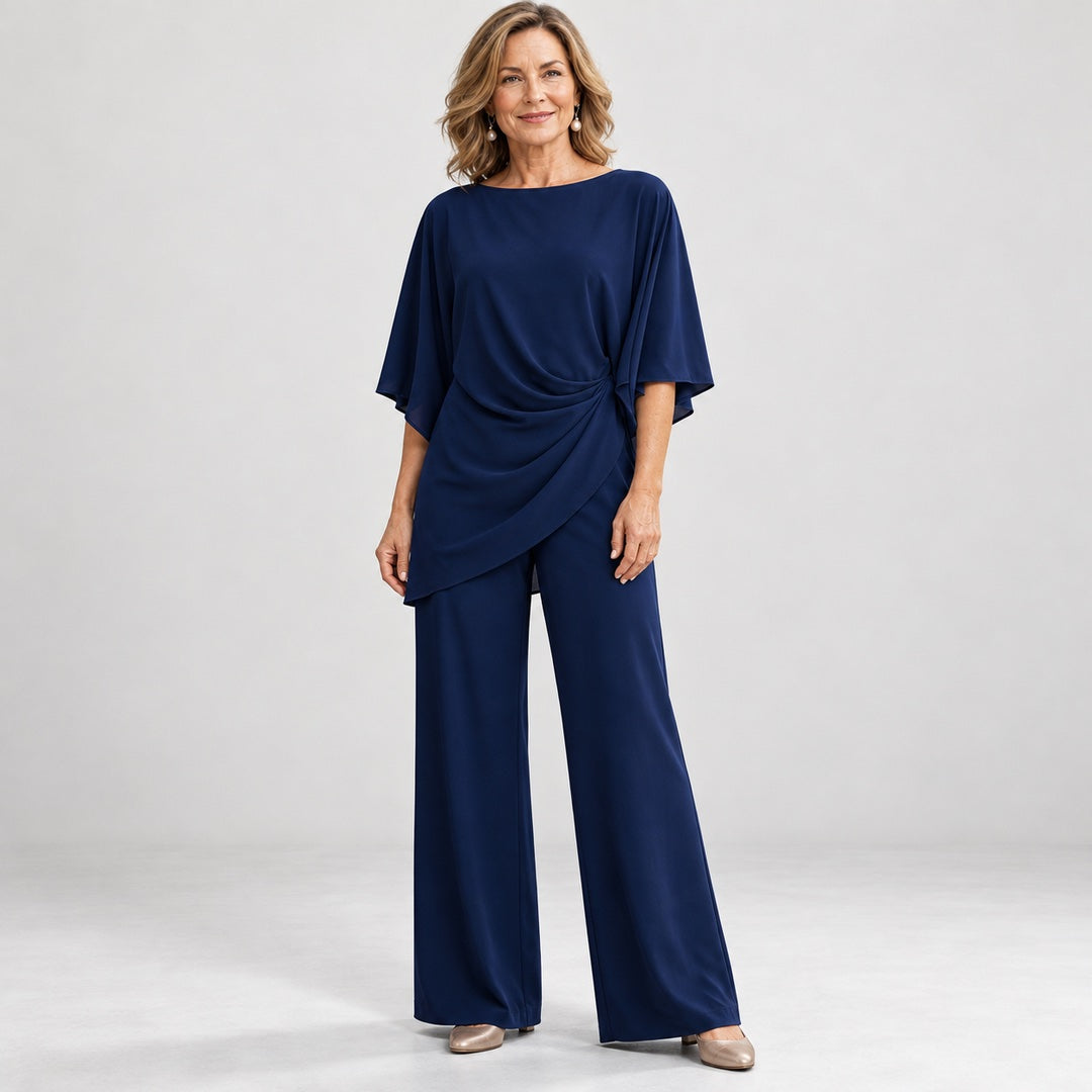 Moira Draped Waist Top and Wide-Leg Trouser Set in Navy