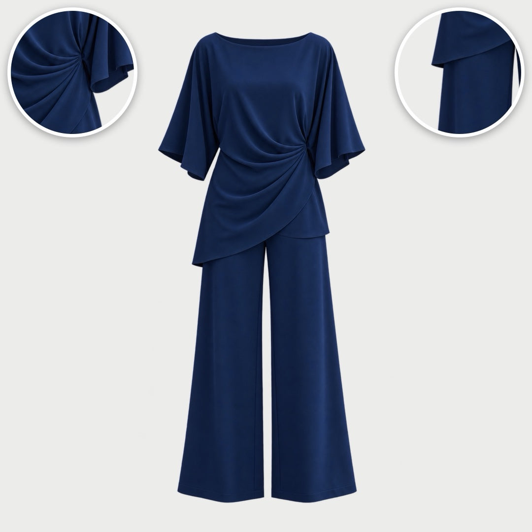 Moira Draped Waist Top and Wide-Leg Trouser Set, with close-ups of the details