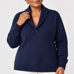 Muriel Shawl Collar V-Neck Jumper in Navy, a closer look at the fit