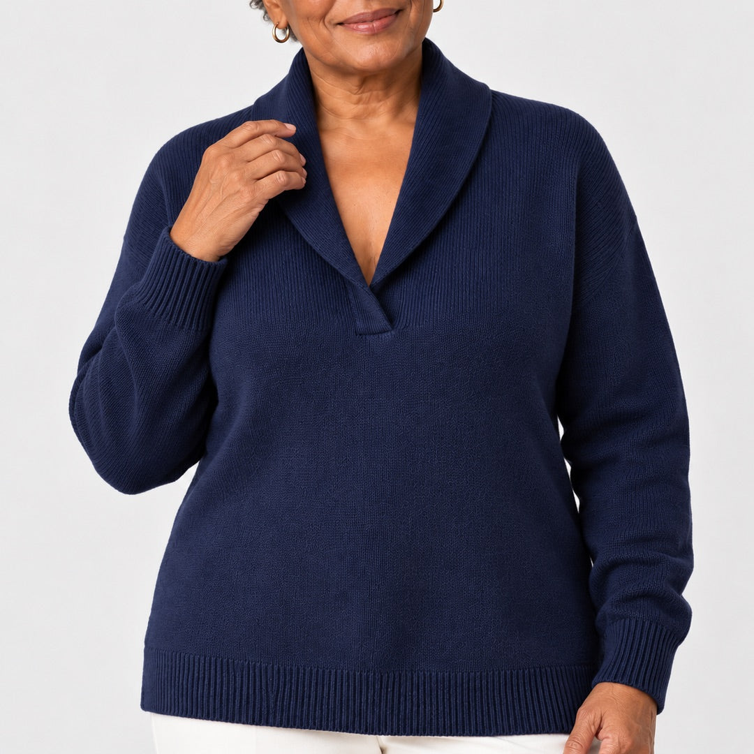 Muriel Shawl Collar V-Neck Jumper in Navy, a closer look at the fit