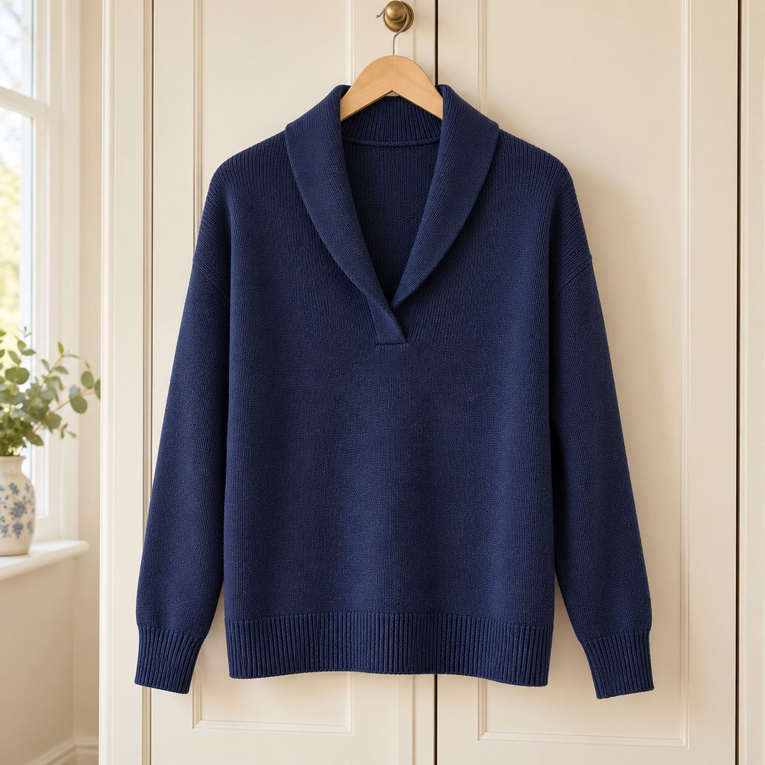Muriel Shawl Collar V-Neck Jumper in Navy on a hanger