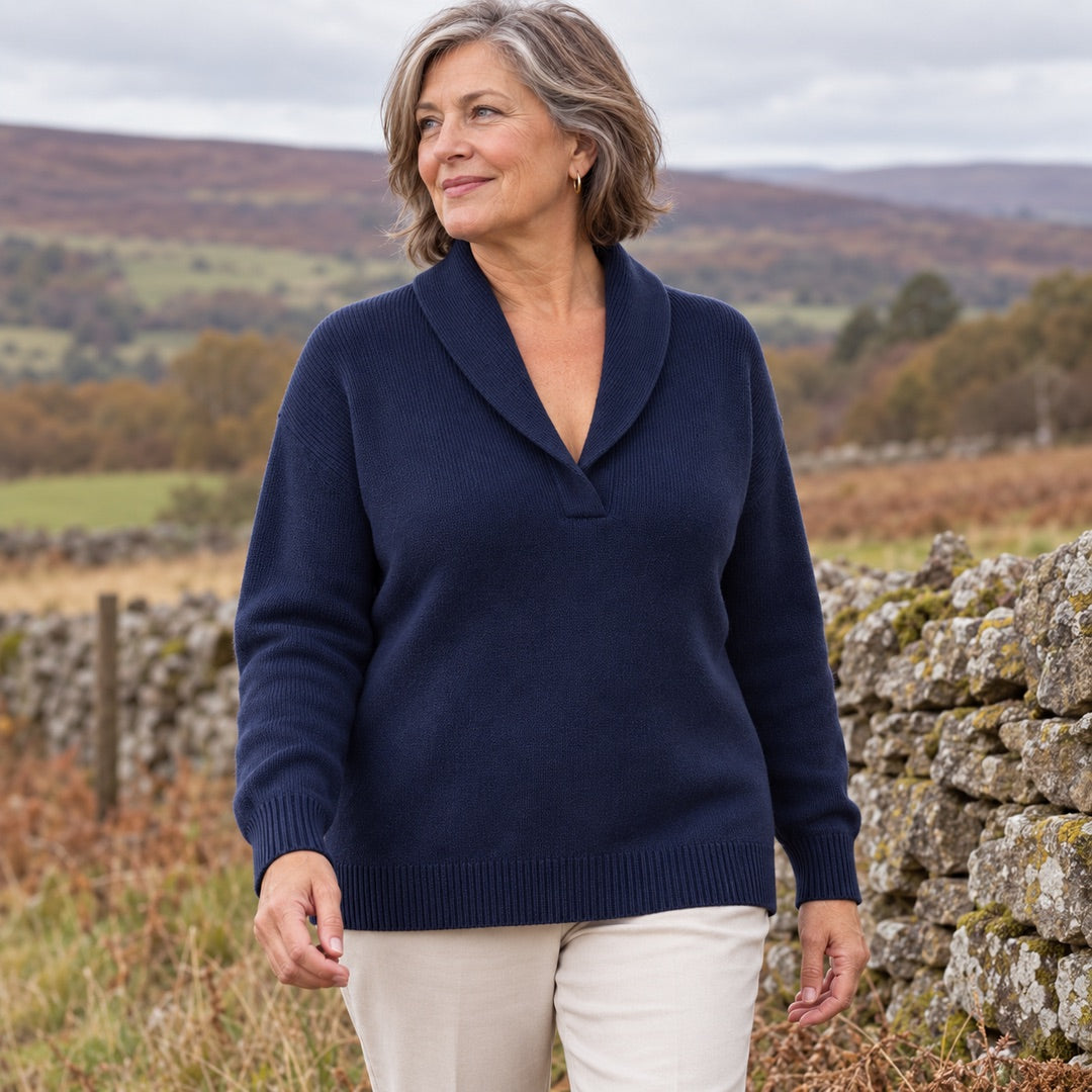 Muriel Shawl Collar V-Neck Jumper in Navy, worn out and about