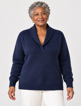 Muriel Shawl Collar V-Neck Jumper in Navy