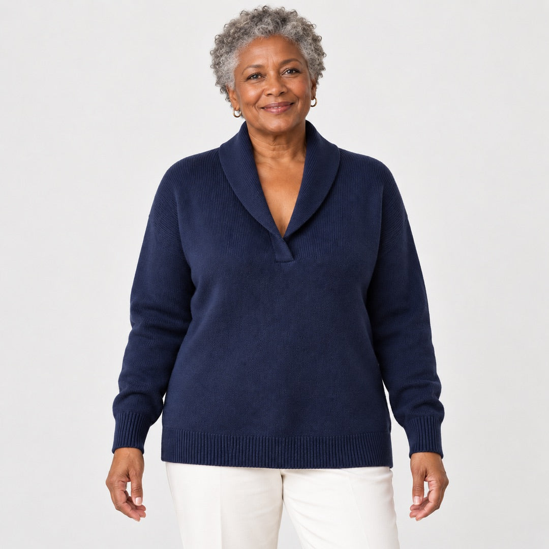Muriel Shawl Collar V-Neck Jumper in Navy