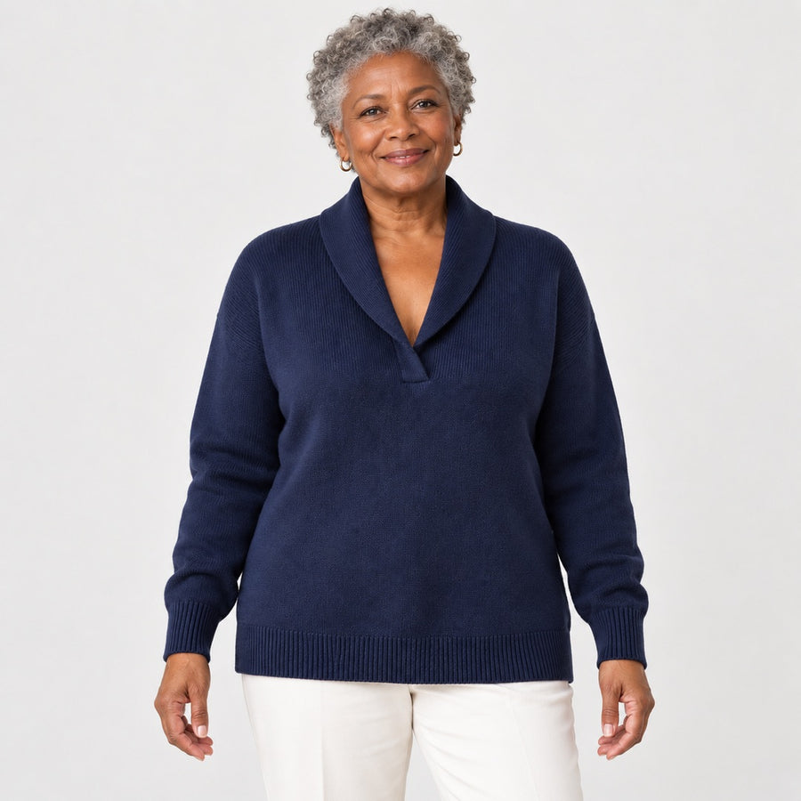 Muriel Shawl Collar V-Neck Jumper in Navy