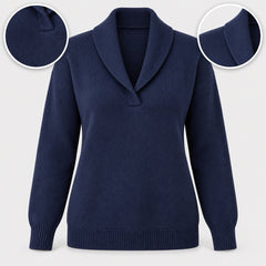 Muriel Shawl Collar V-Neck Jumper in Navy, with close-ups of the details
