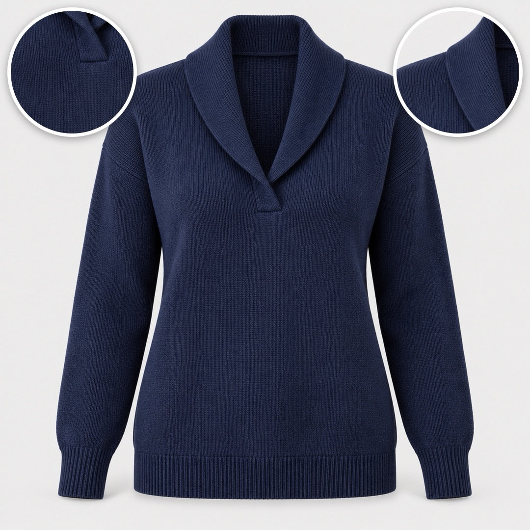 Muriel Shawl Collar V-Neck Jumper in Navy, with close-ups of the details